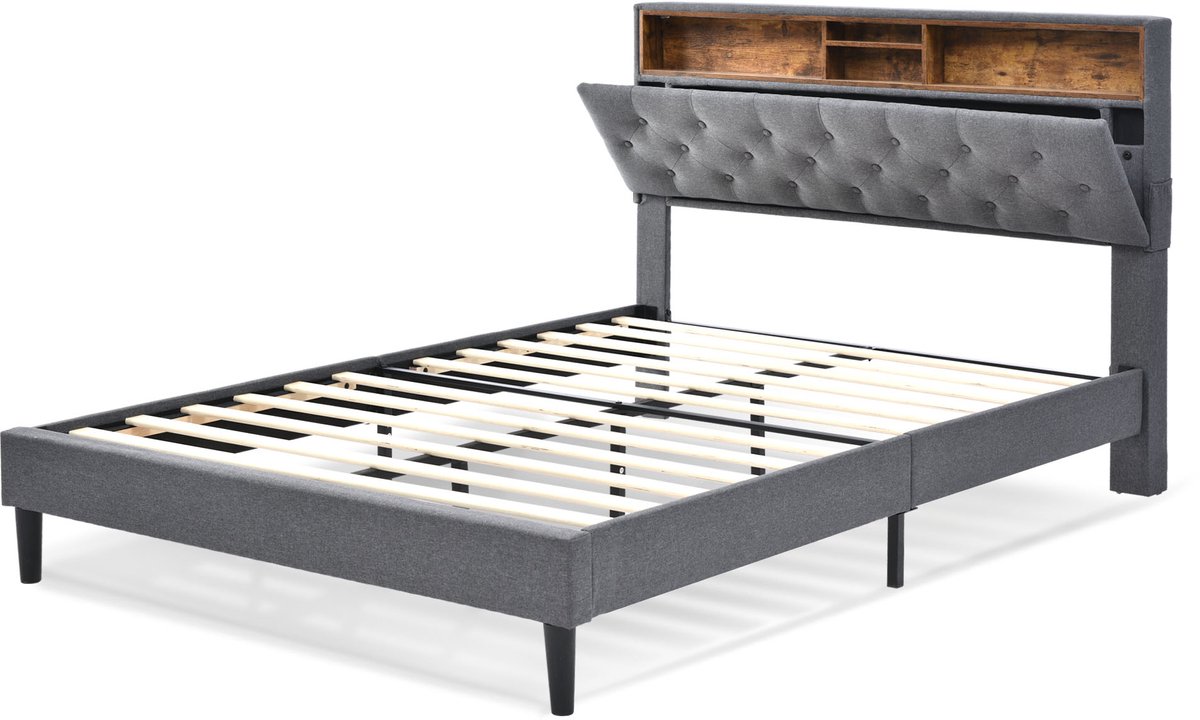 COVREO Bedframe 140x200 cm grijs met led en opbergruimte, zonder matras
