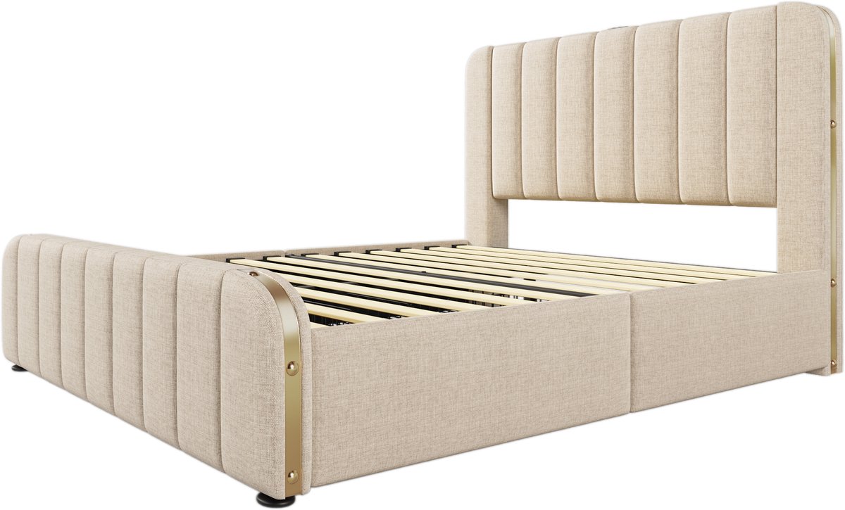 COVREO Gestoffeerd tweepersoonsbed met een gewatteerd hoofdeinde met gouden sierstrepen en USB Type-C-oplaadmogelijkheid. 160 x 200 cm, beige linnen stof, 4 lades, draagvermogen 200 kg (inclusief matras).