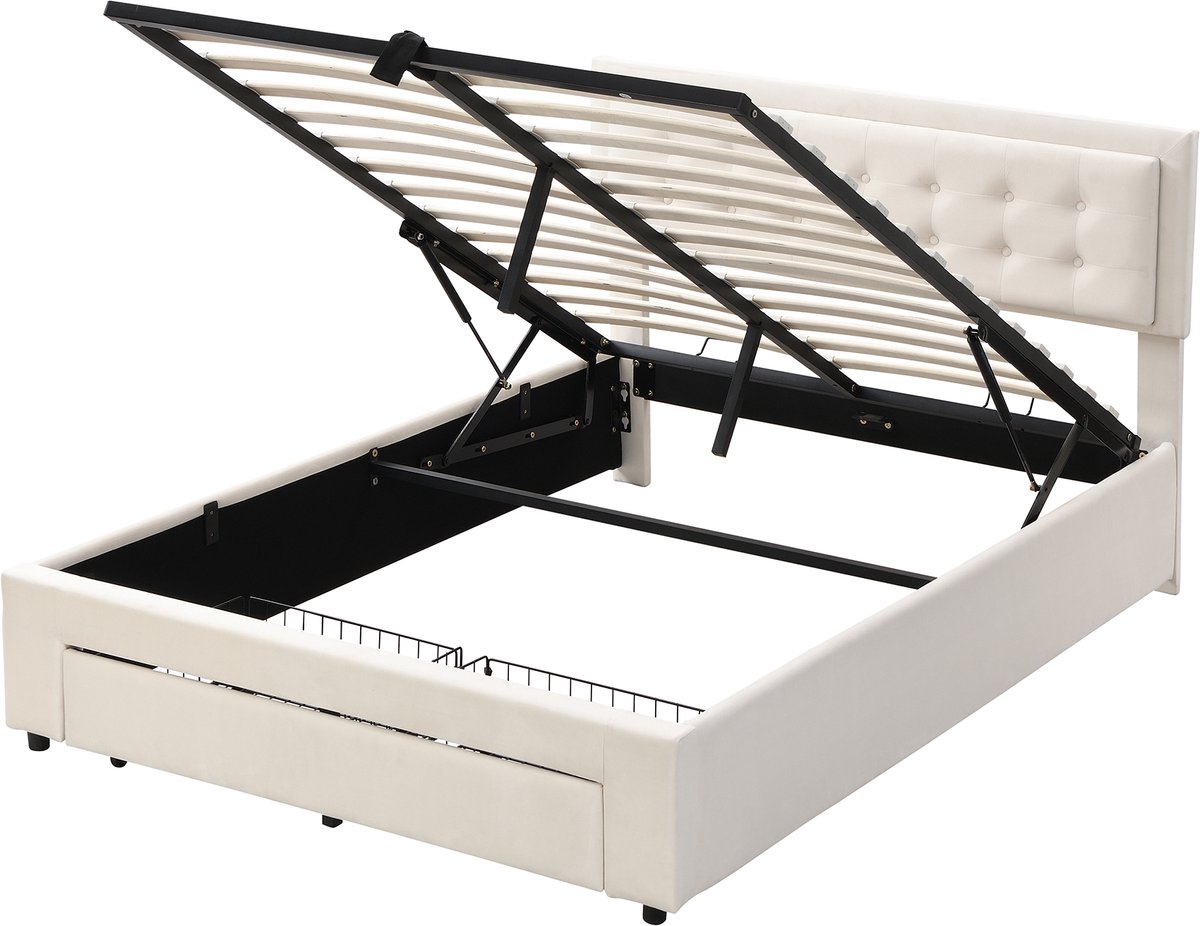 Gestoffeerd bed van 140 x 200 mm, met lattenbodem en hoofdbord, opbergbed, hydraulisch verstelbaar gestoffeerd bed, tweepersoonsbed, met 2 lades, houten lattenbodem, fluwelen stof, beige.