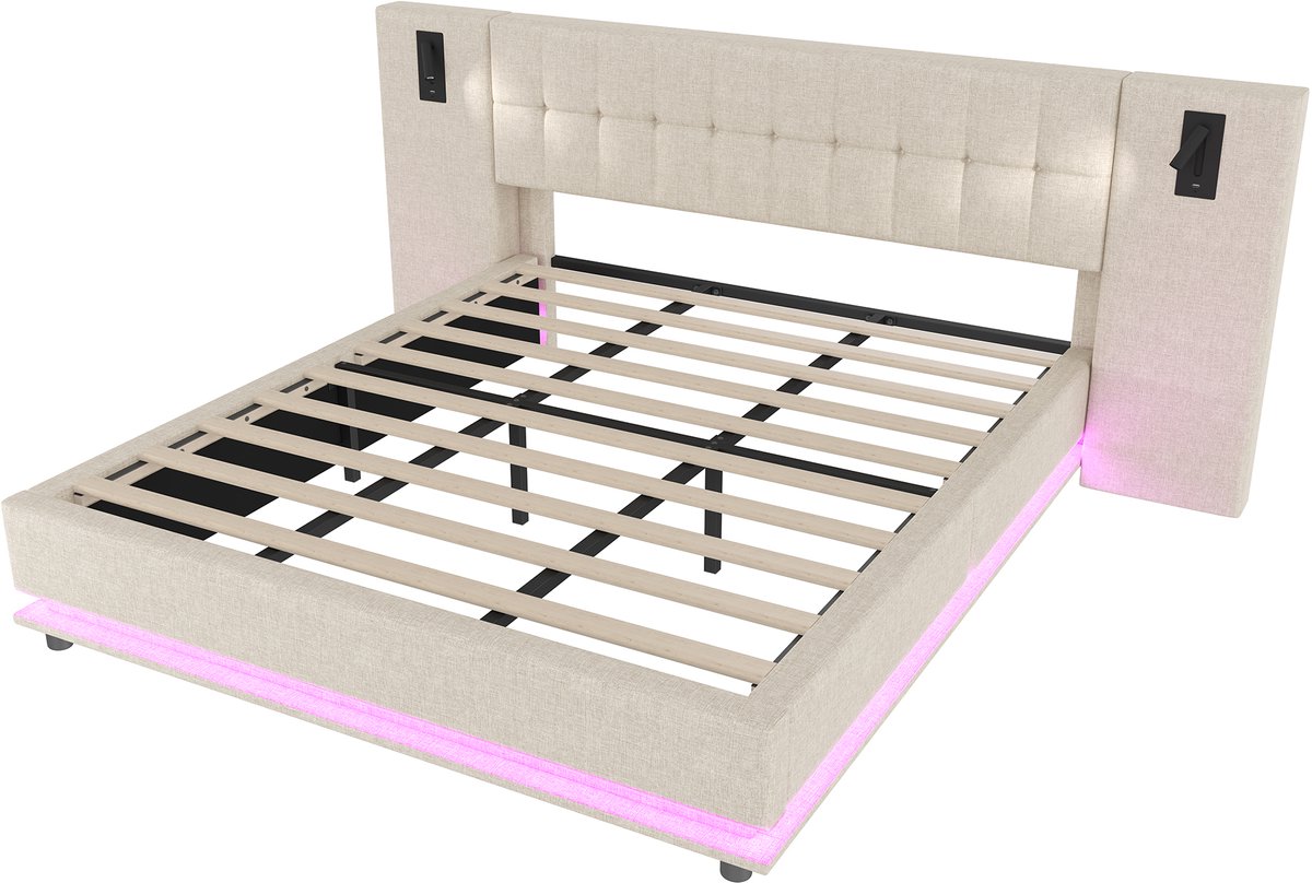 Gestoffeerd bed, 180*200 cm, met led-lichtstrip, hoofdbord met spotje, USB-poort, matras en lakens niet inbegrepen, beige.