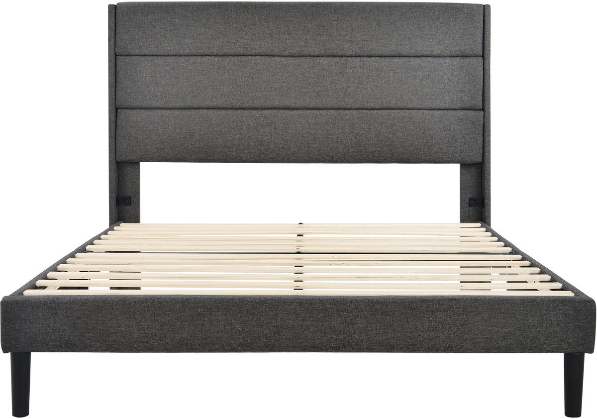 COVREO Bedframe 140x200 cm 146 cm donkergrijs stof met hoofdbord zonder matras