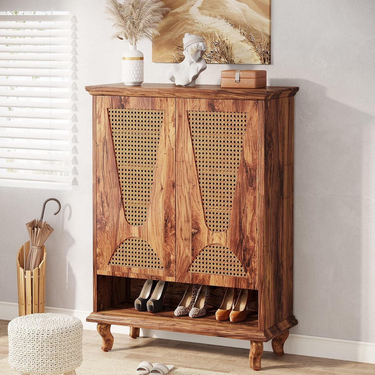 Schoenenkast met Rotan Deuren – House&Garden Schoenenkast 75x35x110 cm – Smalle Hal Kast met 7 Planken voor ±25 Paar Schoenen – Houten Schoenenrek met Ventilatie, Push-to-Open Systeem – Halmeubel / Entree Schoenenopberger