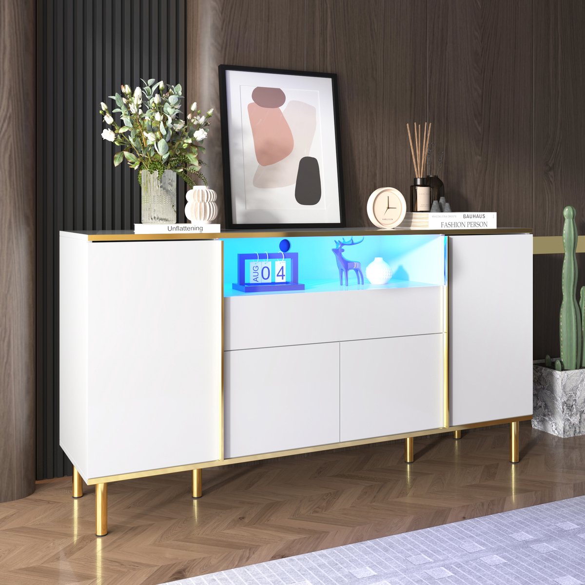 DESMIU Dressoir - Hoogglans Opbergkast Met Ledverlichting - 4 Deuren En 1 Lade Voor Woonkamer En Slaapkamer - MDF En Spaanplaat - 150x40x80 Cm - Wit