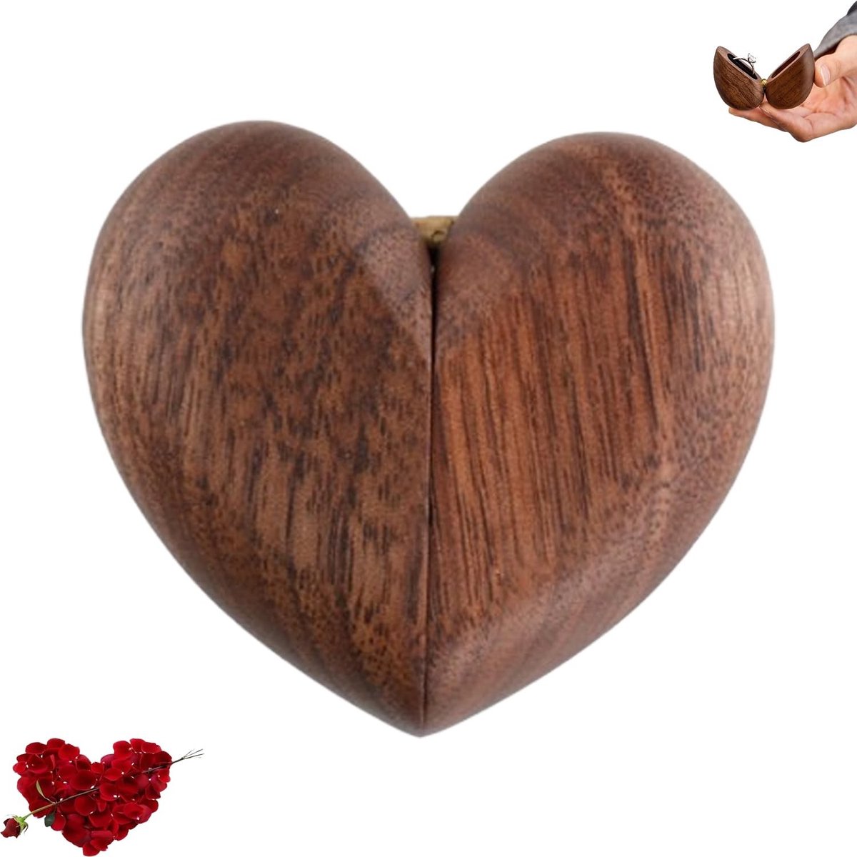 Dailygoods - Trouwringen Box Hout - Hartvormige Ringdoos - Stijlvol en Elegant - Zwart - Ringopslag - Perfect voor Bruiloft en Verloving