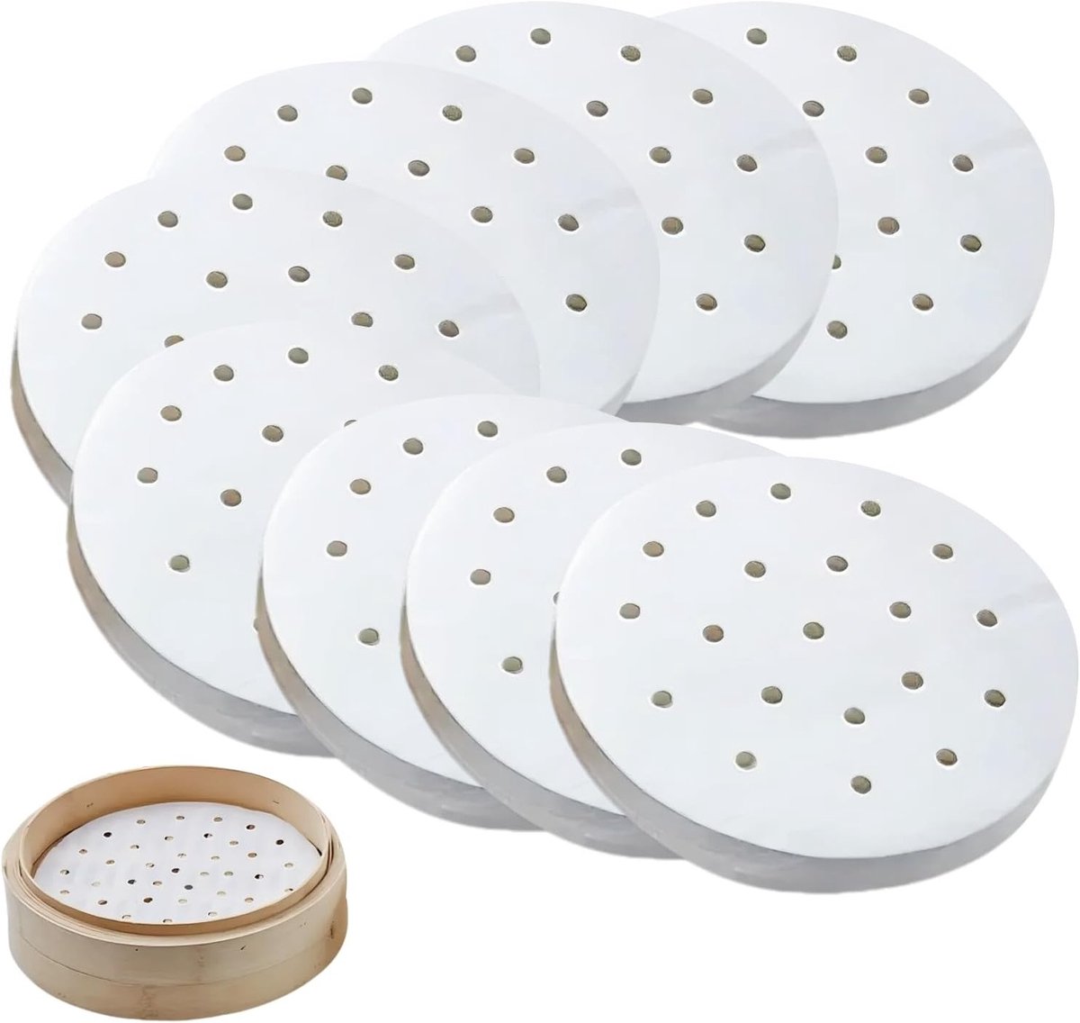 Perforated bakpapier voor stomen en frituren, 200 stuks, 23 cm, anti-aanbak, ideaal voor dim sum en airfryer gerechten