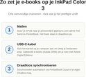 Drie manieren om e-books op de InkPad Color 3 te zetten: Mailen, USB-C-kabel, of draadloos synchroniseren.
