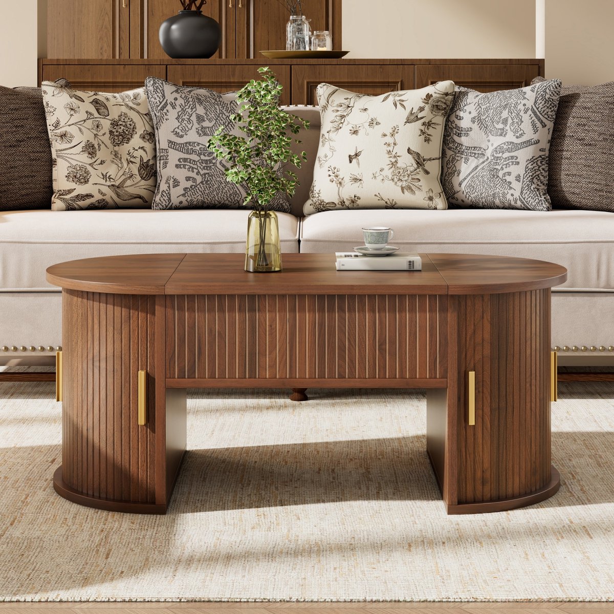 DESMIU Salontafel - Verstelbaar Blad Met Verborgen Opbergruimte En Open Vak - Voor Woonkamer En Thuiswerkplek - MDF Nootkleur - 100x50x40,5 Cm Notenhout