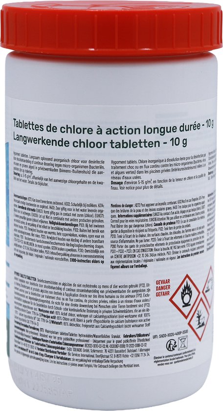 Achterkant van een pot Famiflora hypomen tabletten met productinformatie in het Duits, Frans en Nederlands.