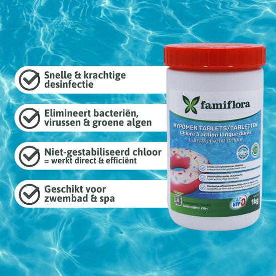 Pot met Famiflora hypomen tabletten, chloor voor zwembaden, met checklist iconen. Rode dop, witte pot met blauw/groen etiket.