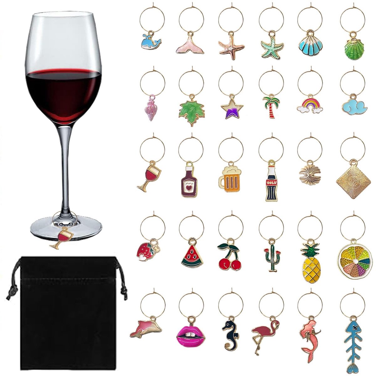 Dailygoods- Wijnglasmarkers 30 Stuks - Metaallegering - Duurzaam - Uniek Ontwerp - Herkenbare Hangers - Makkelijk te Reinigen - Wijnglasdecoratie