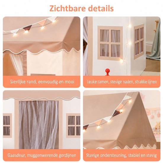 Lemonmax Kindertent speelhuisje - Prinsessentent met mat verlichting en muggennet - Voor kinderkamer binnen en buiten - 120x100x130 cm - Khaki — afbeelding 5