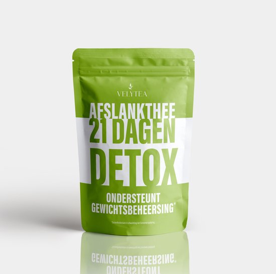 Vooraanzicht van een groen pak Velytea afslankthee 21 dagen detox met witte tekst op een lichte achtergrond.