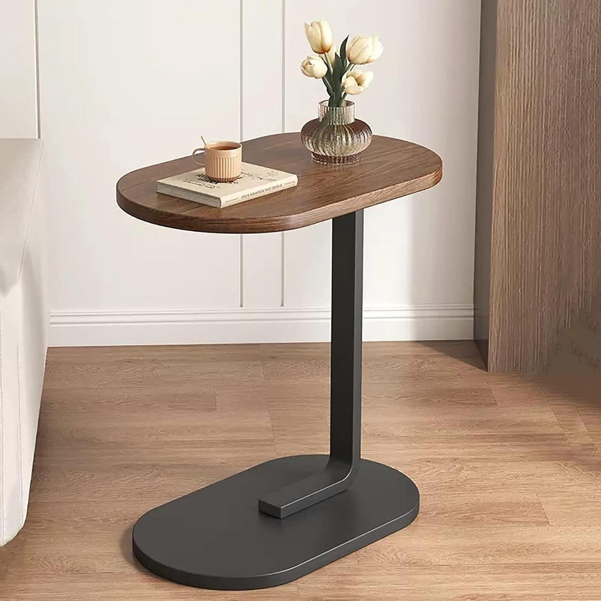 Houten bijzettafel - Ovale tafel - Snacks bij bank - C-vorm ontwerp - 63 cm hoog - Walnoot