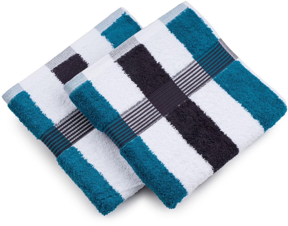 Dailygoods- Handdoek Set 2 Stuks - New York Strepen - 50x100 cm - Lagune/Wit/Grafiet - Luxe Kwaliteit - Ideaal voor Badkamer - Badhanddoek