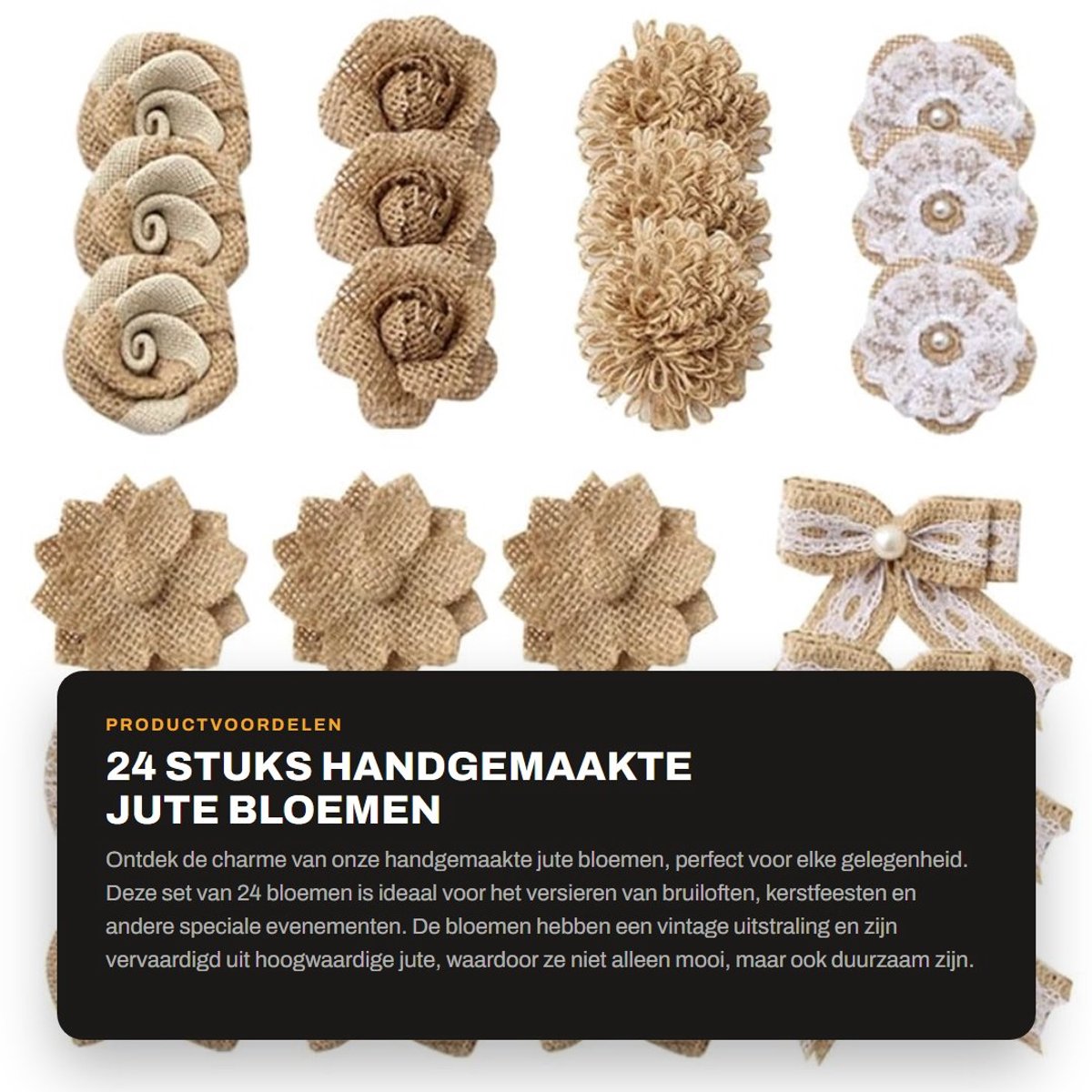 Dailygoods- Jute Bloemen Set - 24 Stuks - Handgemaakte Jute Bloemen - Vintage Jute Bloemen - Natuurlijke Jute Bloemen - Voor Doe-Het-Zelf Ambachten - Decoratie Bloemen