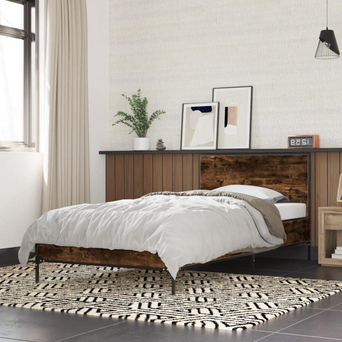 Bedframe zonder matras - Eenpersoons bed - Slaapkamer inrichting - Gerookt eiken look - 90x190 cm - Eiken