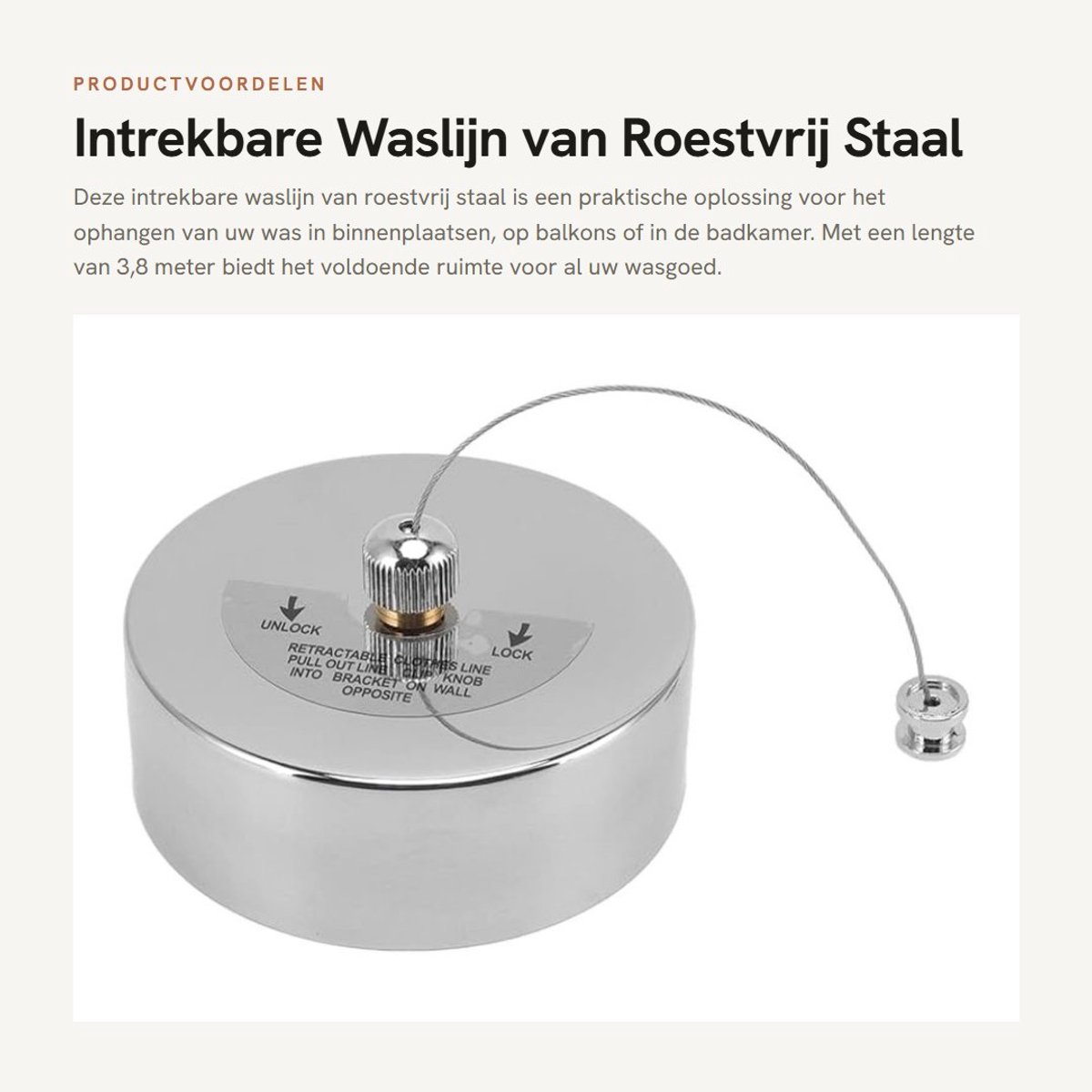 Dailygoods- Waslijn Zware Kwaliteit - Intrekbaar - Roestvrij Staal - Veiligheidsmechanisme - Voor Binnen/Buiten - 3,8 m Lengte - Kledingdrooglijn
