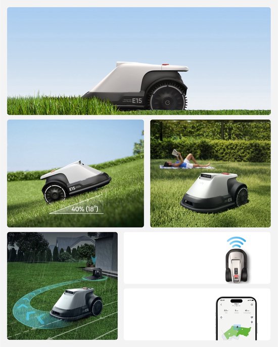 eufy Robotgrasmaaier E15 - Draadloos - Zonder RTK - Geen signaalproblemen - 5-Minuten-setup - Automatische mapping tot 800 m2 - Obstakelvermijding - Ride-On Edge - Bediening via app van Eufy — afbeelding 4