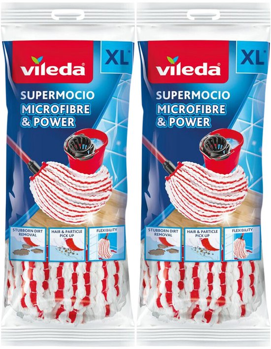 Deux emballages de recharge Vileda Super Mocio Microfibre & Power, XL, avec images de la serpillière.