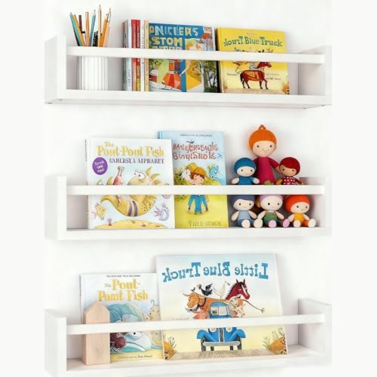 PromoHome 3-delige zwevende wandplanken, massief hout, 42 cm, voor kinderkamer, boekenkast, decoratief, wit