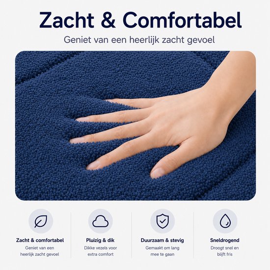 Hand drukt in de zachte vezels van een blauwe badmat.