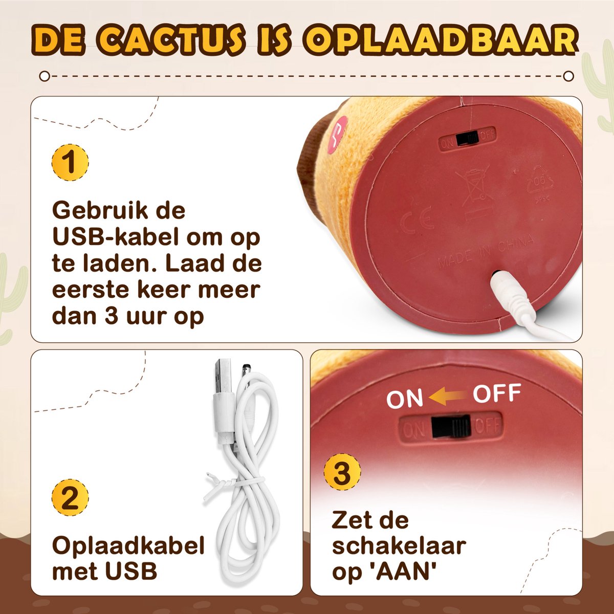 Bailanta® Dansende Cactus - Pratende Cactus - Kinder Speelgoed - Interactieve Knuffel - Nederlandse Handleiding - Pratende Knuffel – Cactus Speelgoed – USB Opladen – Geeft Licht – Met Mexicaanse Outfit – 120 Liedjes - Zingende Cactus - Perfect Cadeau — afbeelding 6