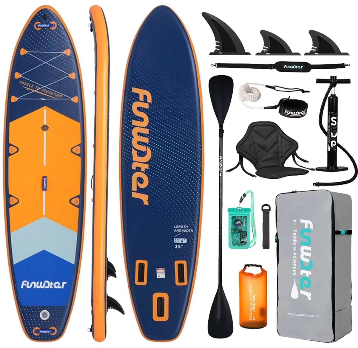 FUNWATER SUPFW43B – Opblaasbare SUP plank blauw/oranje 350x89x15 cm – extra breed & stabiel – met kajakzitplaats