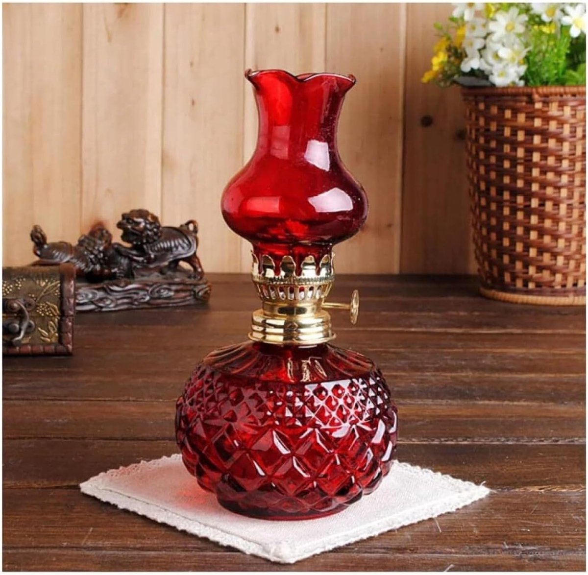 Petroleumlamp Lantaarn - Orkaanlamp Decoratief - Sfeer Verlichting - Twee-in-één Ontwerp - 18.5 cm Hoog - Rood