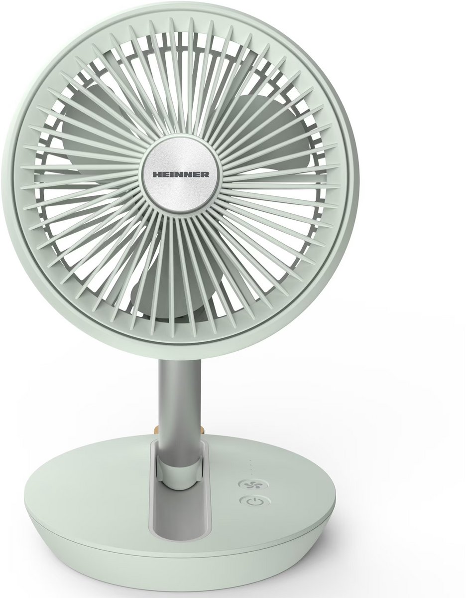 Heinner Opvouwbare Ventilator – 4000 mAh Accu – USB-C Oplaadbaar – 4 Snelheidsstanden – Digitale Bediening – Dimmerfunctie – 5 W – Tot 15 Uur Gebruik – 27 cm – Groen
