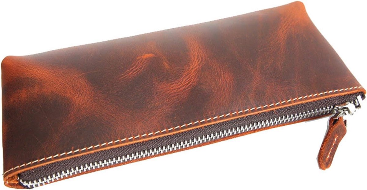 Leren Pennenzak - Etui Pennenhouder - Bureau Organisatie - Handgemaakt Vakmanschap - 21 cm Lengte - Roodbruin