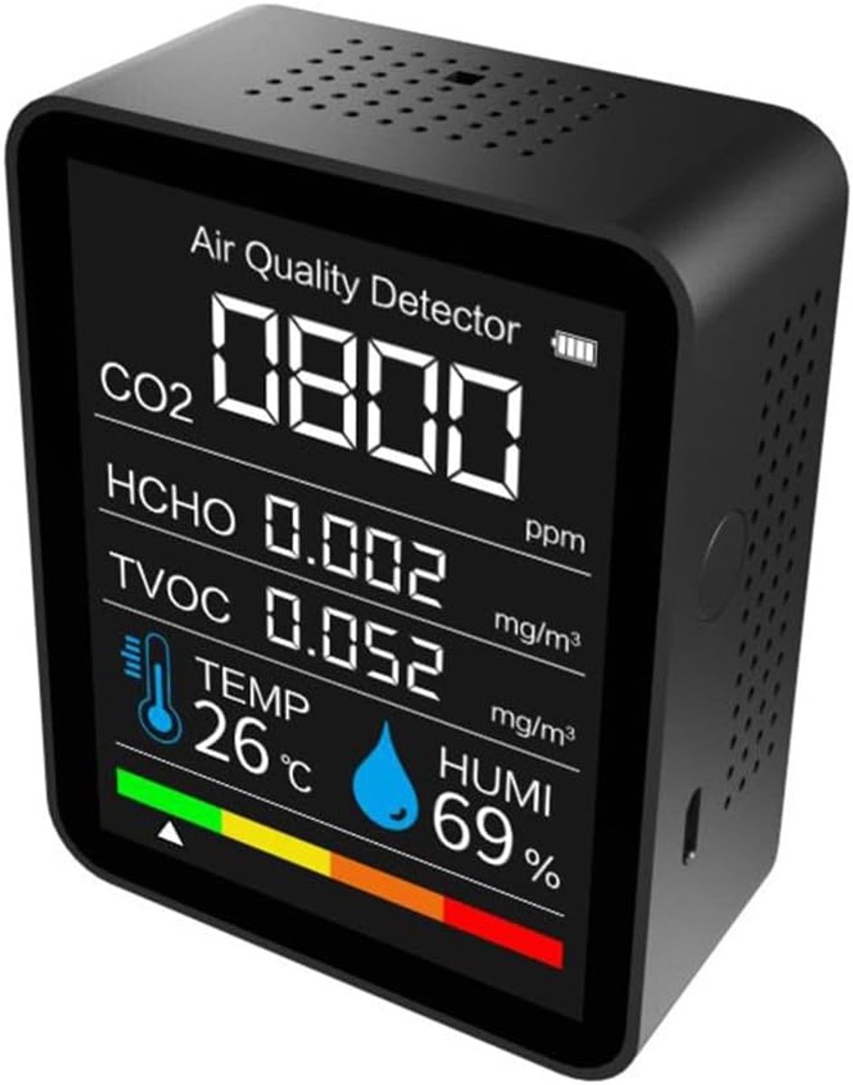 Luchtkwaliteitsmonitor 8 in 1 - CO2meter TVOC HCHO - Binnenlucht Meten - Directe Meting - 14x10x5 cm - Zwart