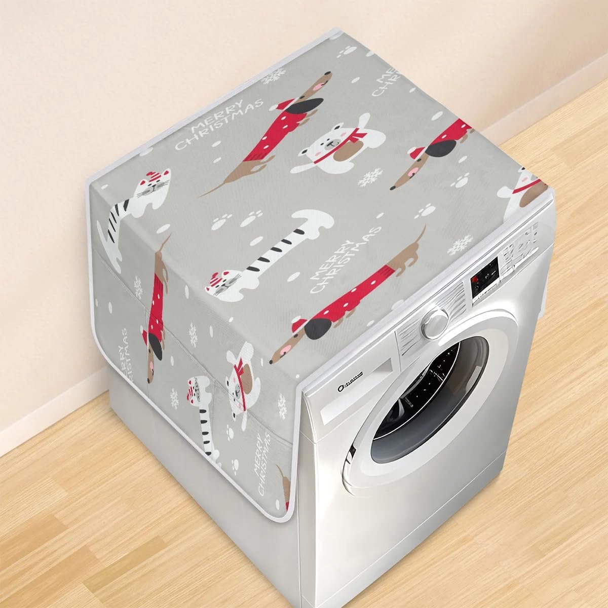Wasmachine Droger Hoezen - Apparaatbeschermers - Huishoudelijke Organisatie - Met 6 Opbergzakken - 118 x 47 cm - Kerst Honden Beren