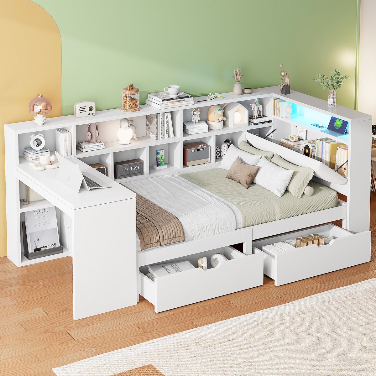 MEUNIQ L-vormig kajuitbed 90x200 cm met bureau, open boekenrek, opbergruimte, lades en LED-hoofdbord, eenpersoons platformbed voor slaapkamer of werkkamer, wit