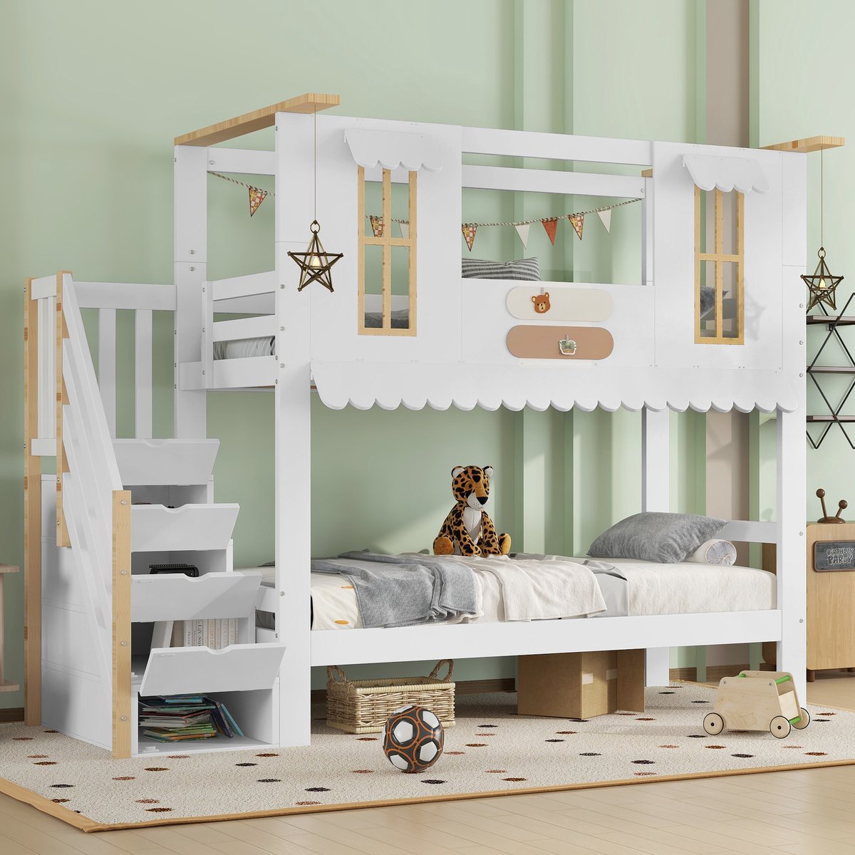 MEUNIQ Stapelbed 90x200 cm met opbergtrap, raamdetails en golfvormige dakrand, kinderbed voor kinderkamer, wit naturel, zonder matras