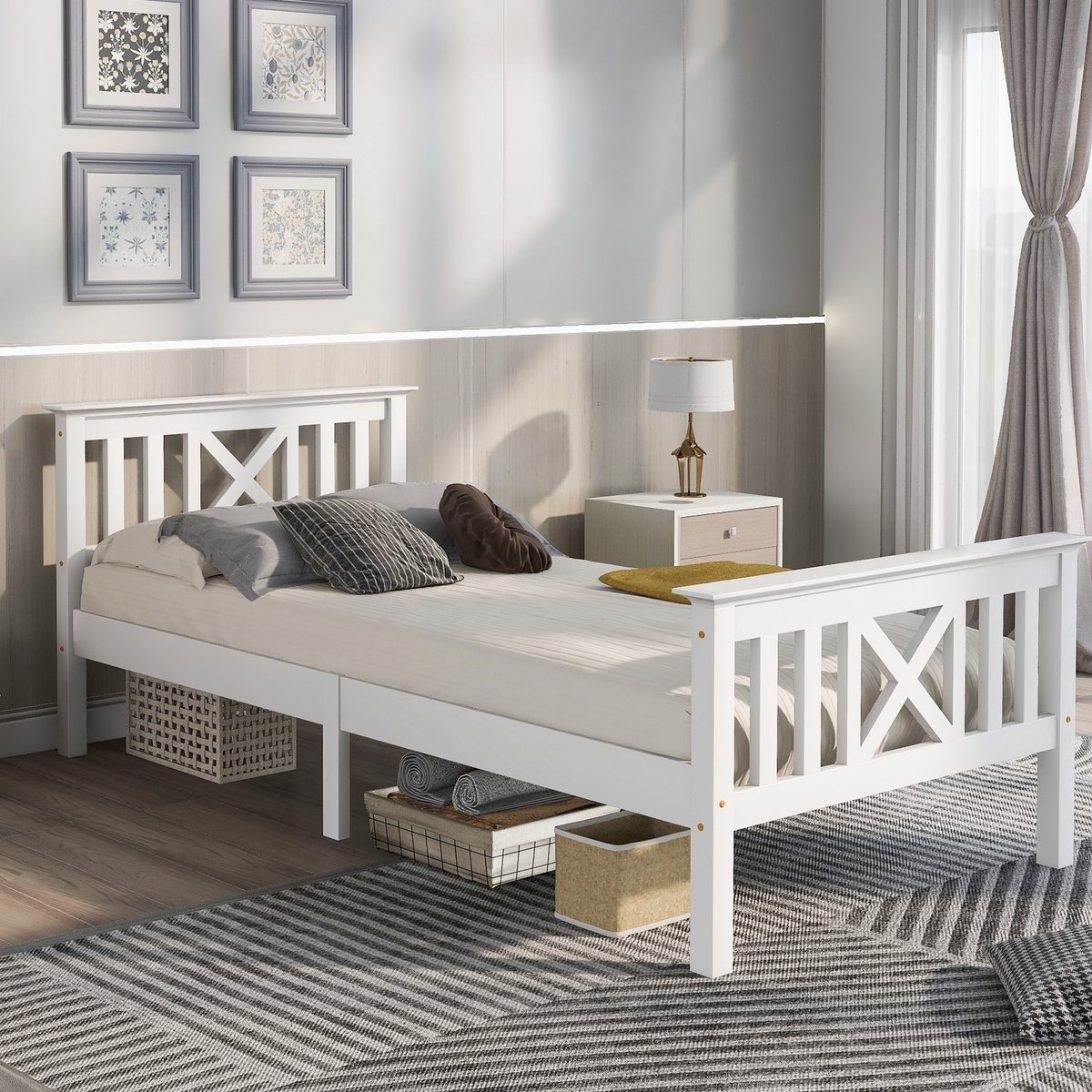 MEUNIQ eenpersoons bedframe 90 x 200 cm met lattenbodem en X-vormig hoofdbord, houten bed voor kinderkamer of jeugdkamer, wit