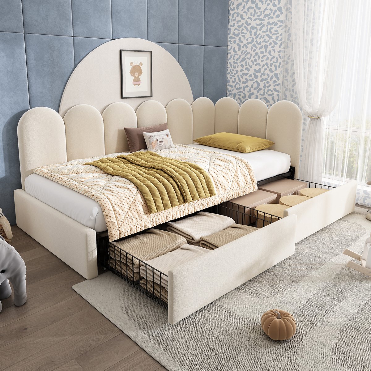 MEUNIQ slaapbank 90x190 cm met 2 opberglades en lattenbodem, gestoffeerd daybed met verwisselbare zijden voor slaapkamer of logeerkamer, beige