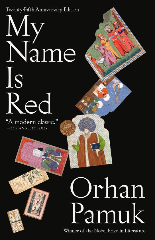Boekomslag van "My Name Is Red" (Twenty-Fifth Anniversary Edition). Met miniatuurillustraties van Perzische schilders en Ottomaanse soldaten.
