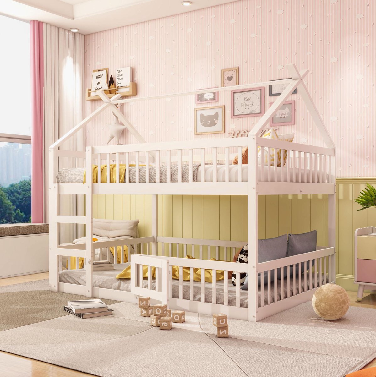 MEUNIQ Kinder hoog laag bed 140x200 cm met trap, veiligheidshekken en deur, stapelbed met lattenbodem voor kinderkamer, wit