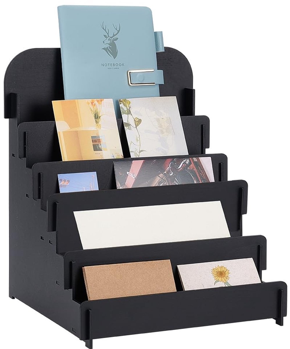 Dailygoods- Kaartenrek 5 Niveaus - Houten Kaarthouder - Multifunctioneel - Voor Wenskaarten/Ansichtkaarten - Grote Capaciteit 30x30x36 cm - Stevig en Duurzaam