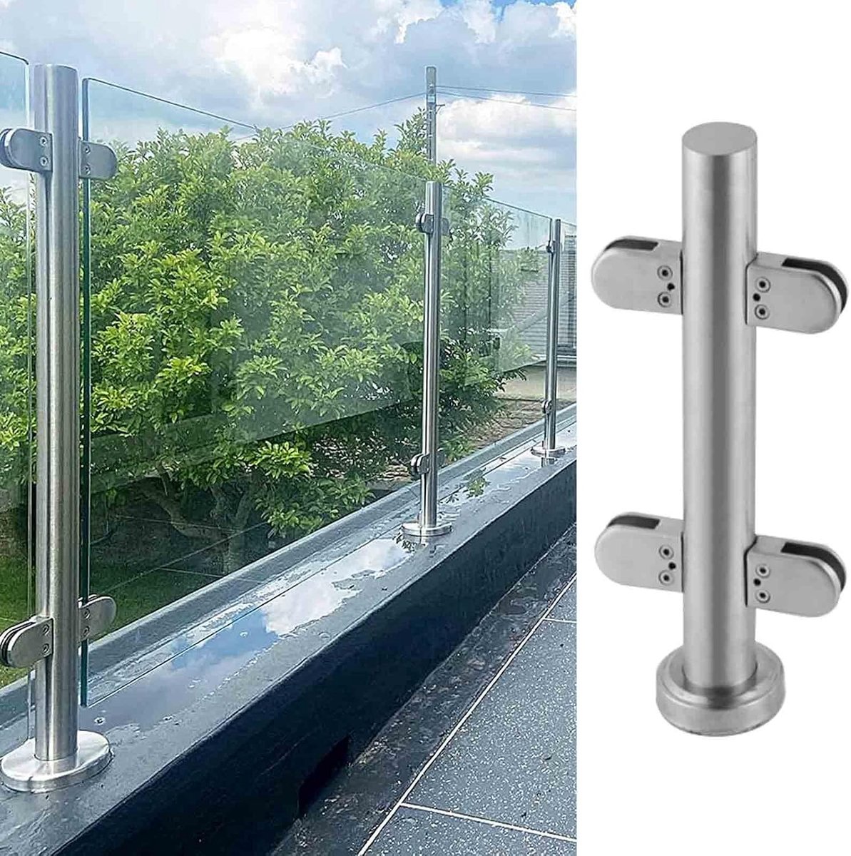 Railing Paal - Paneel Klem - Buitenhekwerk - Roestvrij Staal - 10/12mm Paneel - Zilver