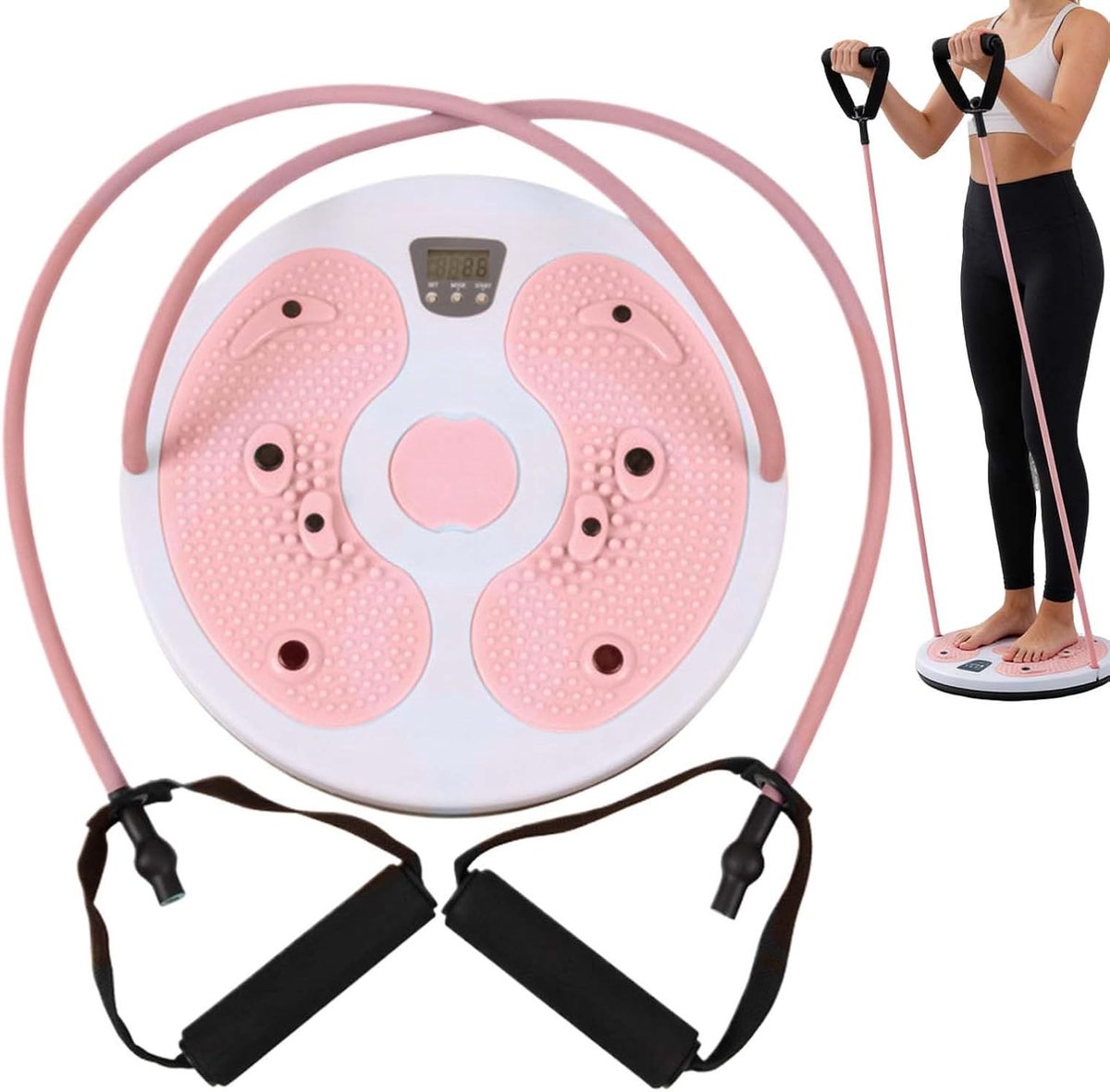 Roterende Trainingsschijf - Buik Torsieplank - Fitness Thuis - Met Digitale Teller - 28 x 28 cm - Roze en Wit