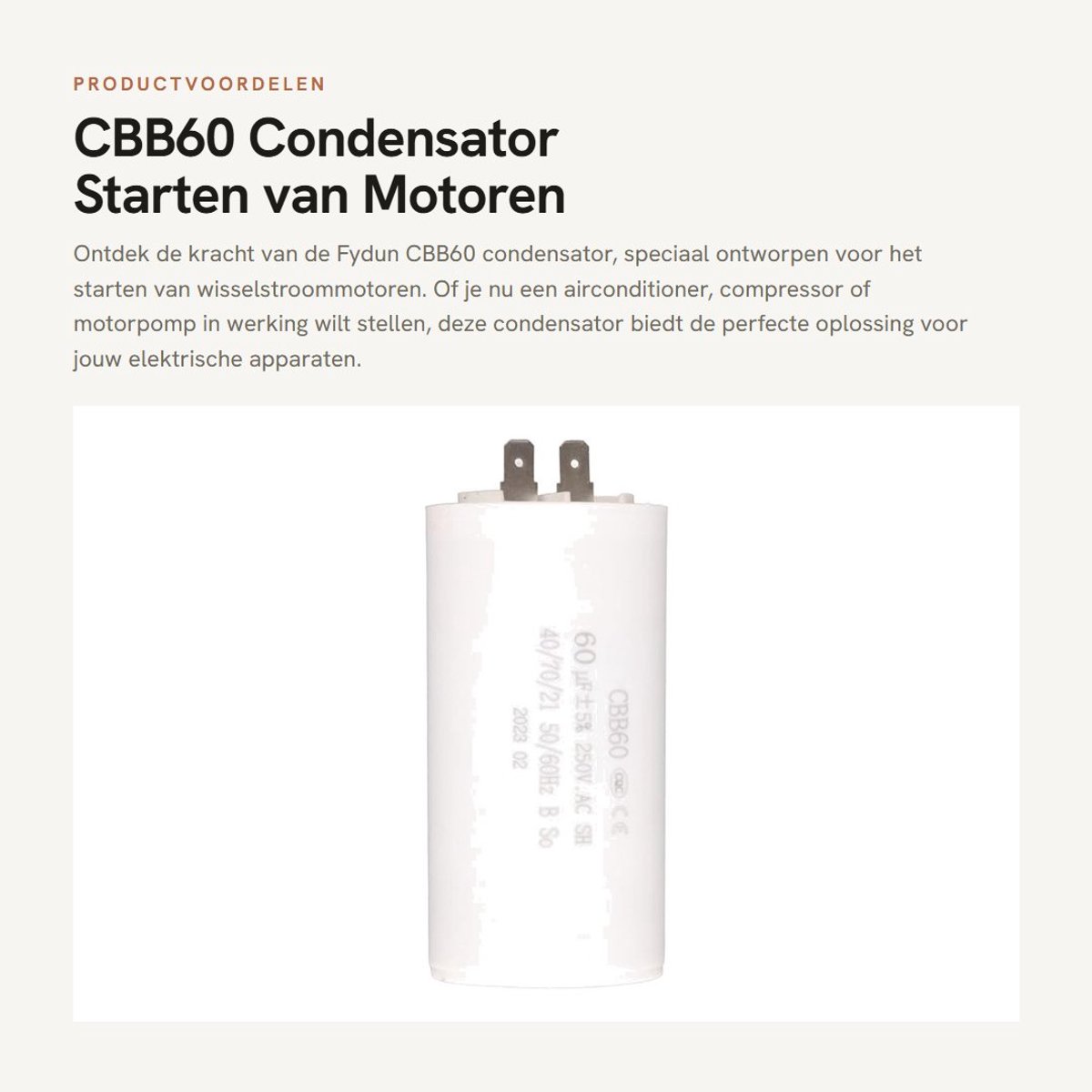Dailygoods - CBB60 Condensator - Starten van Motoren - Hittebestendig en Licht - 60 uF - Voor Airconditioners en Pompen - Geschikt voor AC 250 V