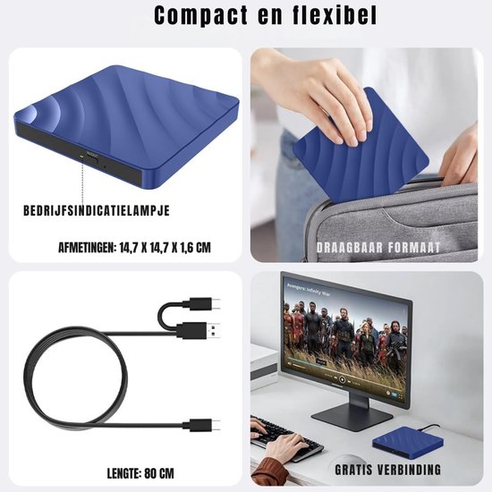 QORA® Externe DVD Speler voor Laptop - Externe DVD Speler - DVD Speler - Blauw - ‎19cm x 17cm x 4cm — afbeelding 3