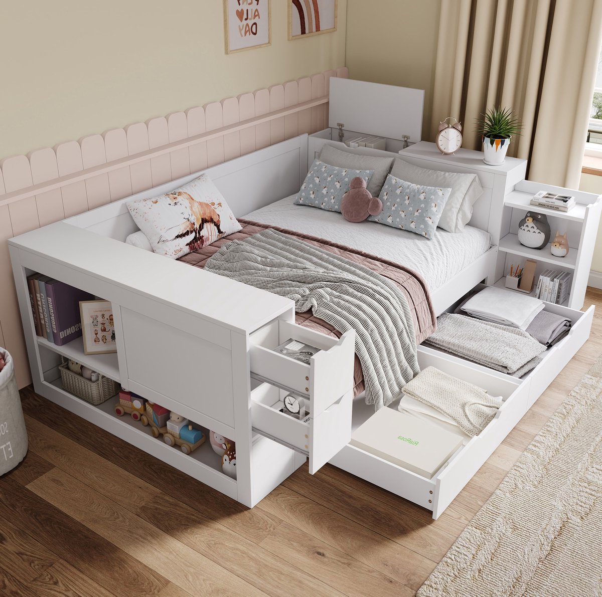 MEUNIQ kinderbed 140x200 cm met opbergruimte, lades, kast, nachtkastje en lattenbodem, daybed bedframe voor kinderkamer of jeugdkamer, wit