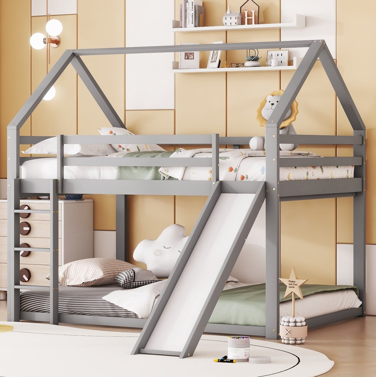 MEUNIQ stapelbed huisbed 140x200 cm met glijbaan en ladder, kinderbed met verwisselbare trap en glijbaan, houten bedframe voor kinderkamer, grijs