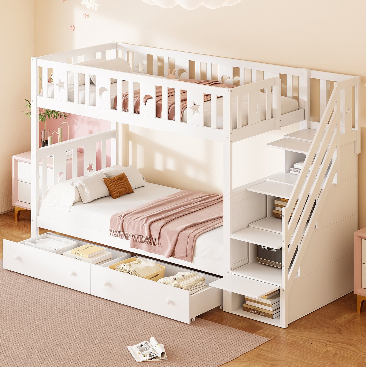 MEUNIQ kinder stapelbed 90x200 cm wit met opbergruimte, trap met vakken, 2 lades en lattenbodem, houten bedframe voor kinderkamer