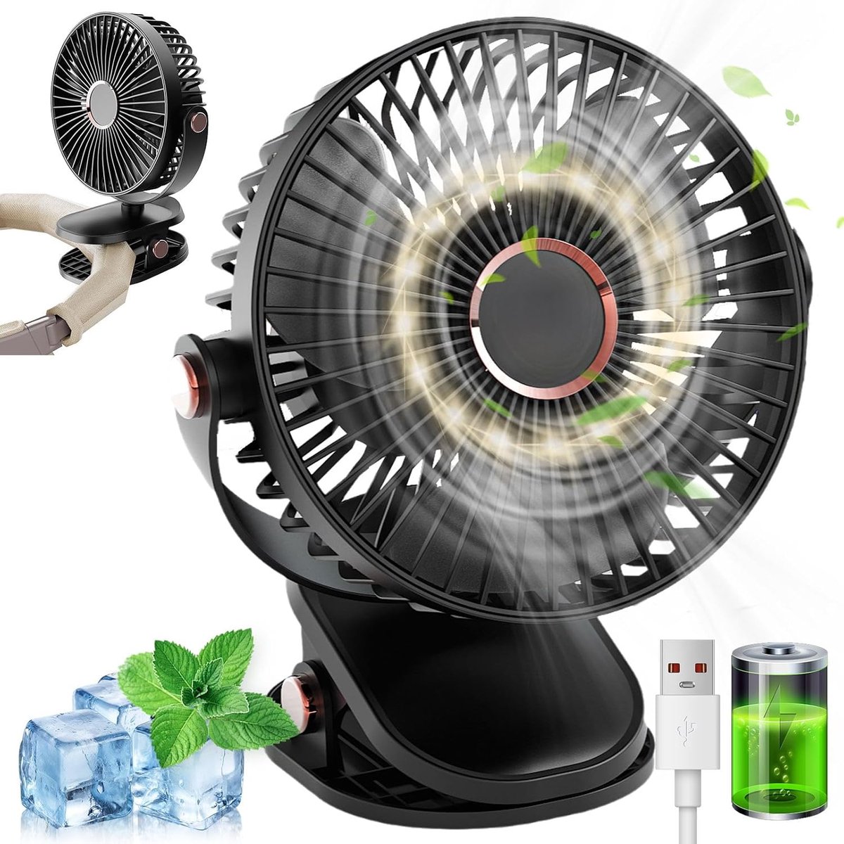 YAGXIG Mini Bureauventilator - met clip - USB-poort - 2000mAh batterij - 5 windsnelheden - 720° draaibaar - Geschikt voor thuis, kantoor en kamperen - (Zwart)
