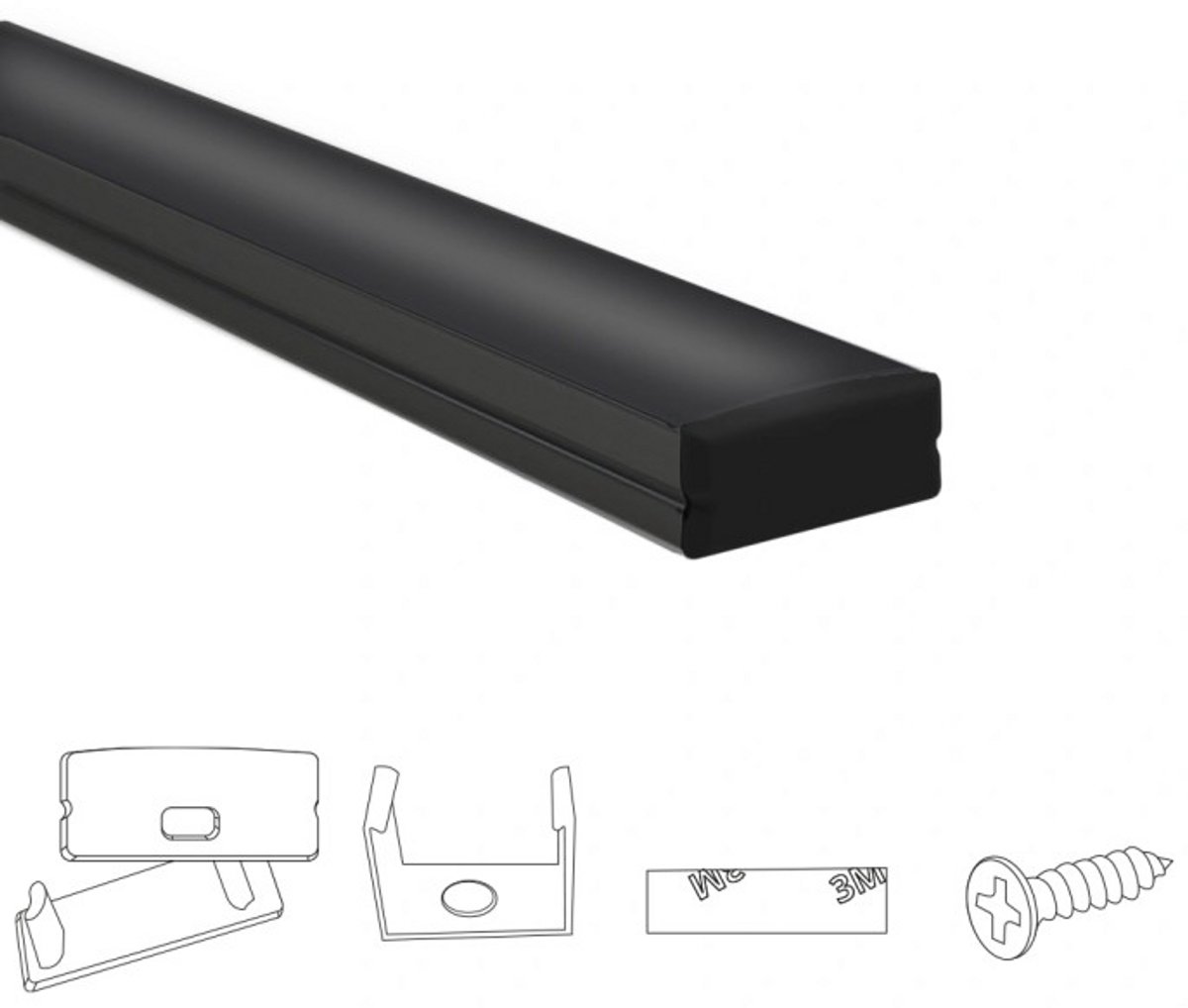 Aluminium led strip profiel zwart opbouw 2M - breed en laag - compleet met afdekkap - Led profiel opbouw - Led profiel zwart