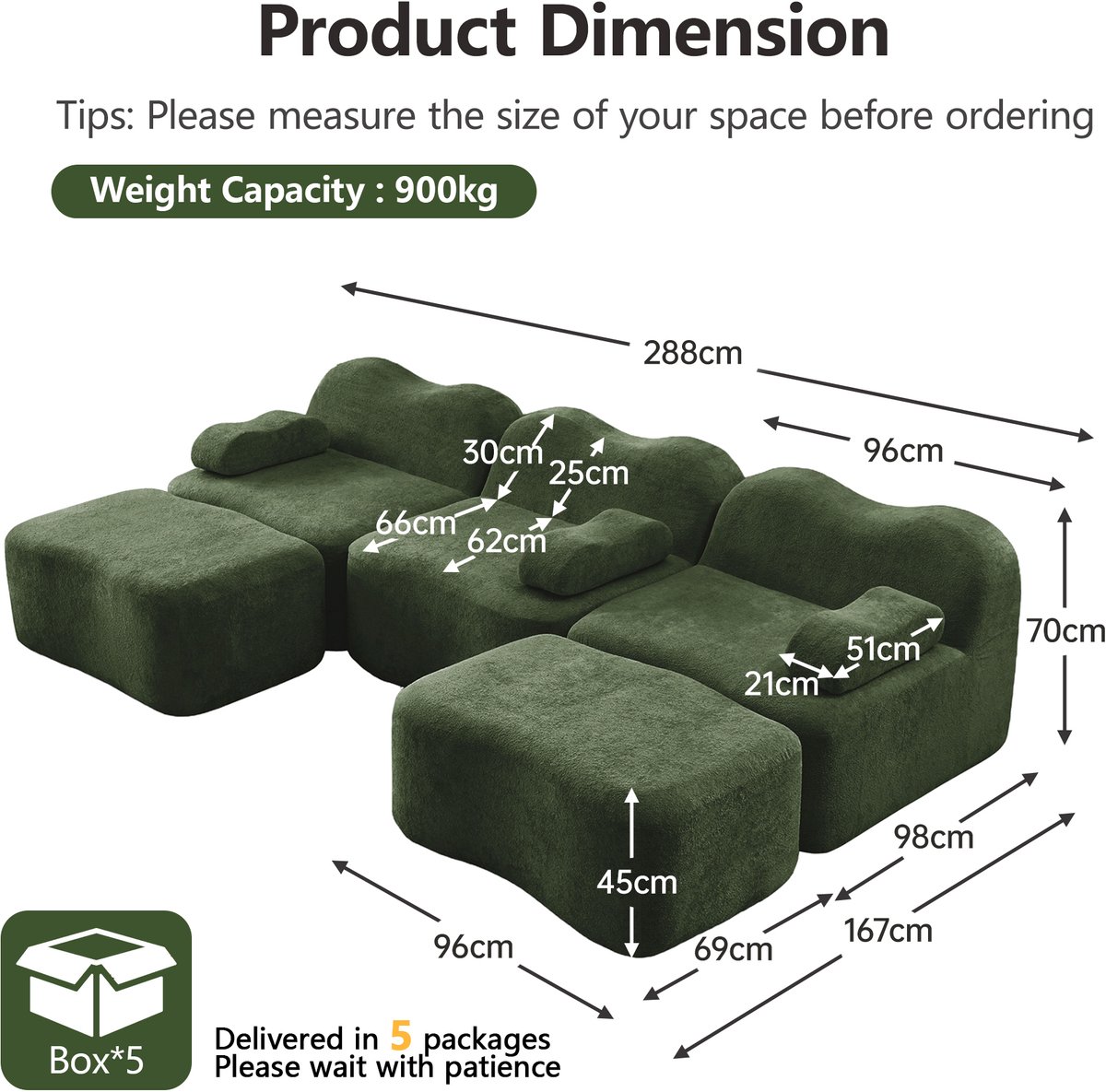 DESMIU U-Bank 288 x 167 x 70 Cm - Modulair 3-Zits Boneless Sofa Met 2 Ottomans En Diepe Zi