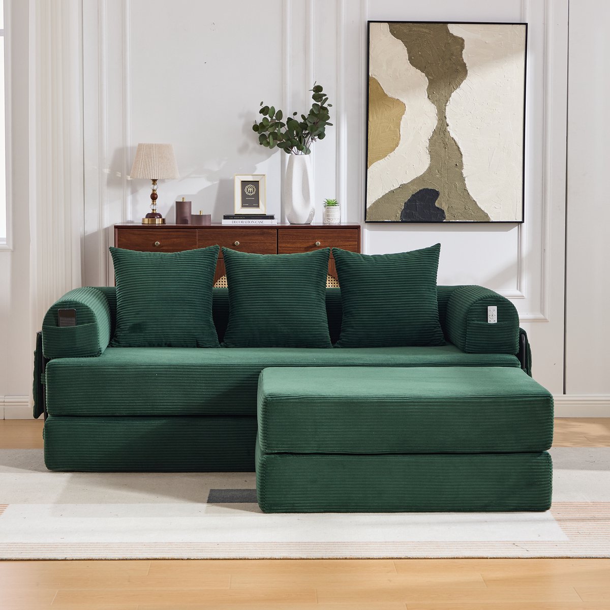 DESMIU Zitbank 200 x 190 cm - Modulaire Bank Met Hocker, Zijvak En 3 Kussens - Voor Woonkamer, Slaapkamer En Kantoor - Corduroy - Smaragdgroen